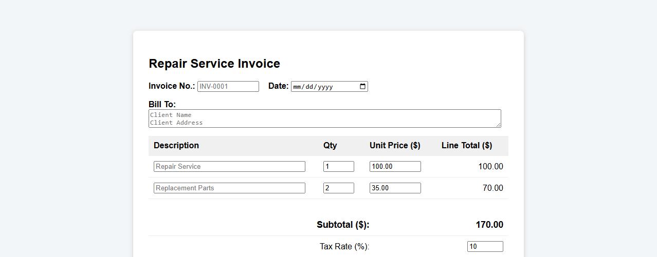 repair service invoice form sample with tax calculation image preview