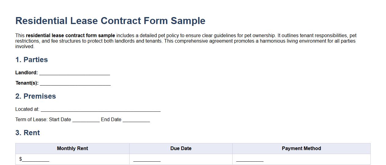 Residential lease contract form sample with pet policy image preview