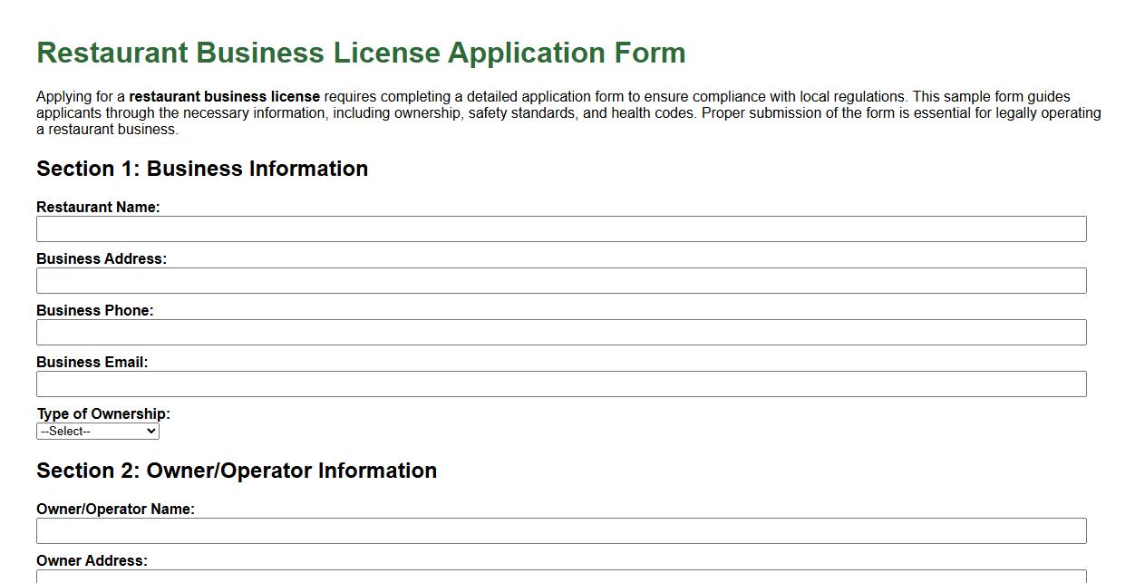 restaurant business license application form sample image preview