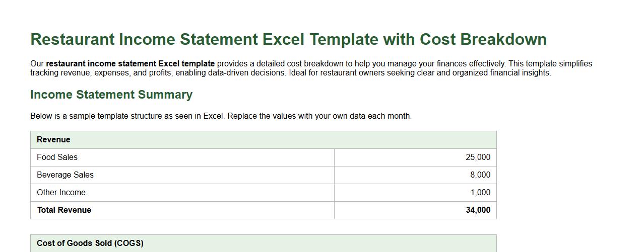 restaurant income statement excel template with cost breakdown image preview