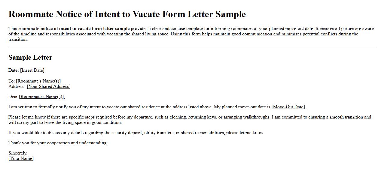 roommate notice of intent to vacate form letter sample image preview