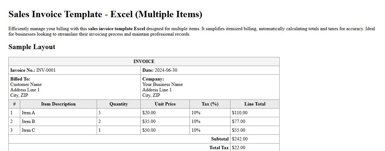 sales invoice template excel for multiple items image preview