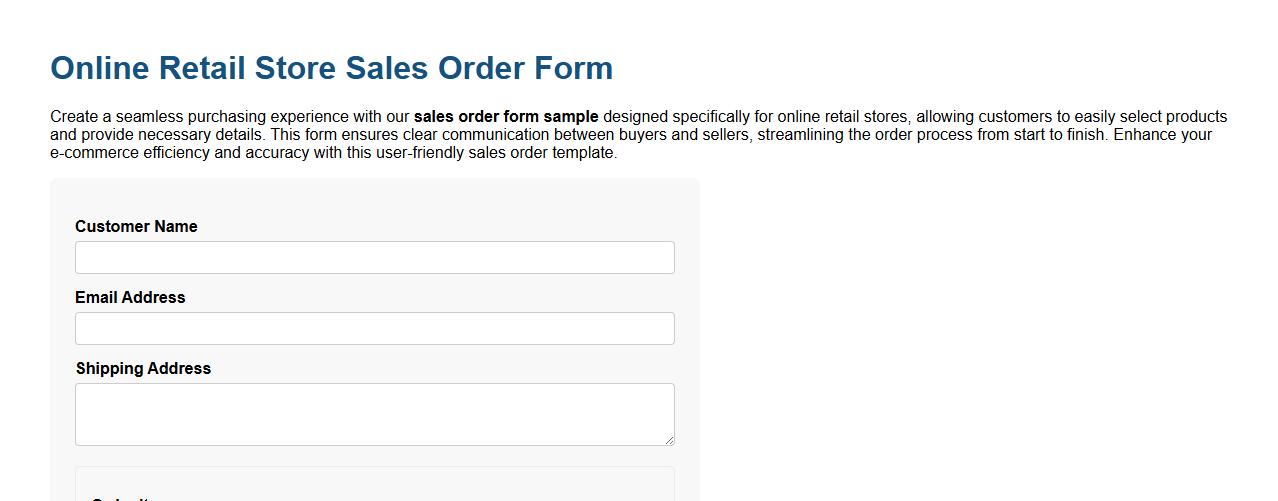sales order form sample for online retail store image preview