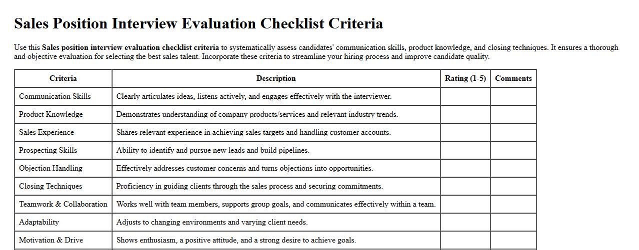 Sales position interview evaluation checklist criteria image preview