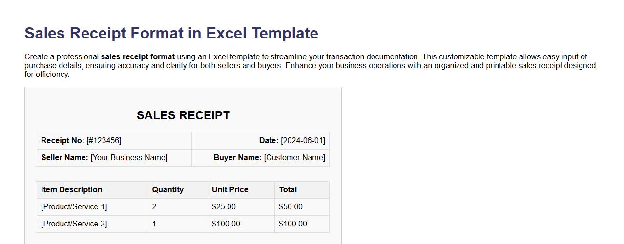 Sales receipt format in Excel template image preview