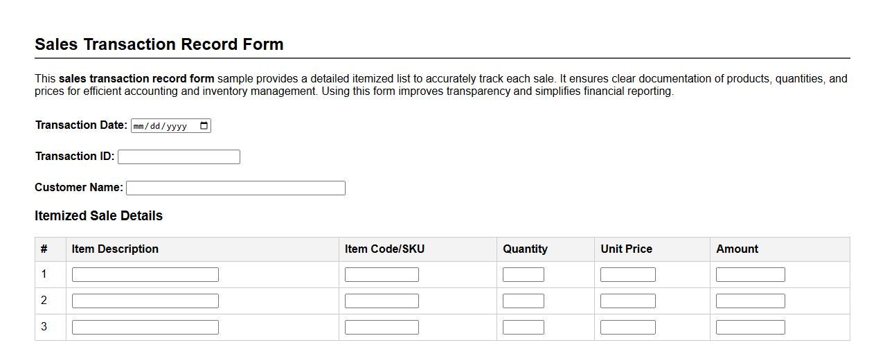 sales transaction record form sample with itemized details image preview