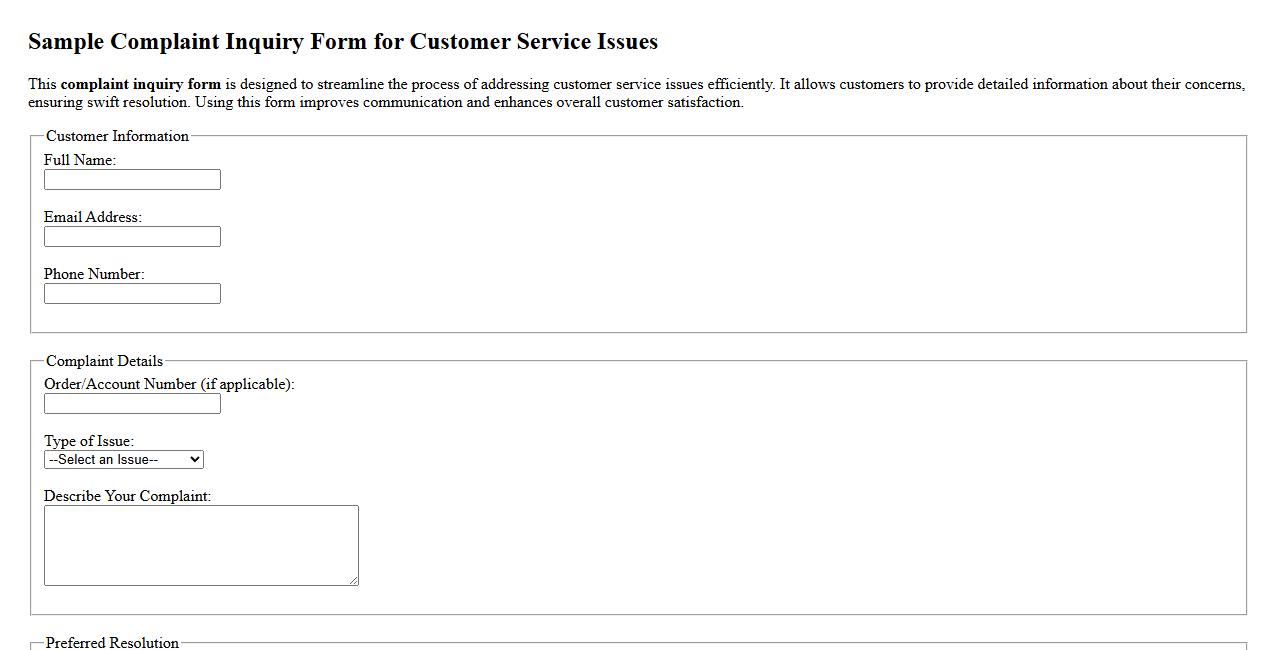 Sample complaint inquiry form for customer service issues image preview