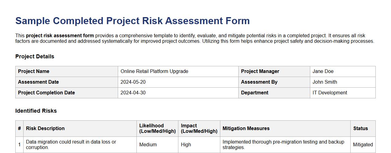 Sample completed project risk assessment form image preview