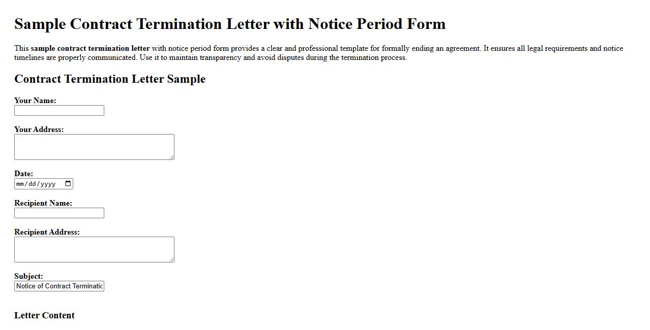 Sample contract termination letter with notice period form image preview
