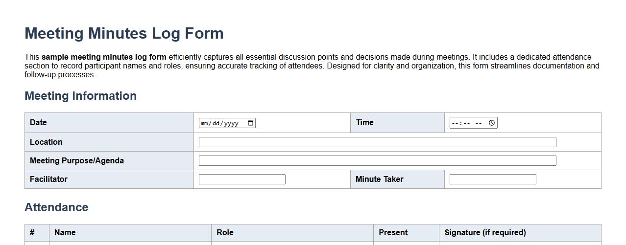 Sample meeting minutes log form with attendance section image preview