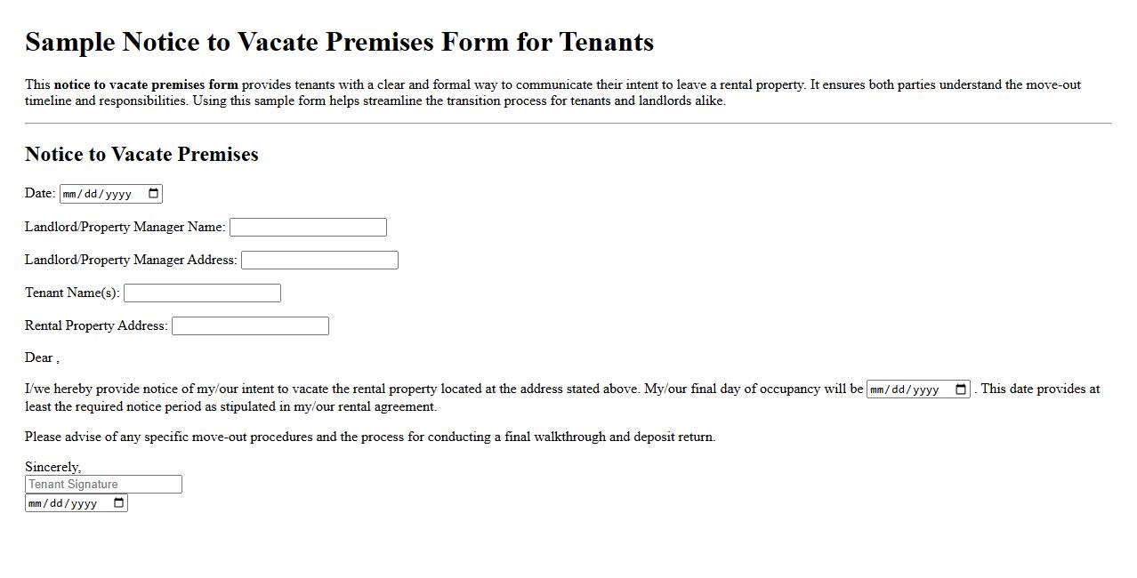 Sample notice to vacate premises form for tenants image preview