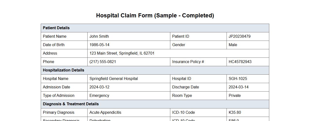 sample of completed hospital claim form with diagnosis details image preview