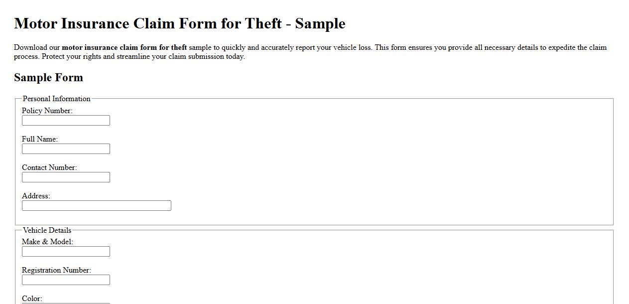 Sample of motor insurance claim form for theft image preview