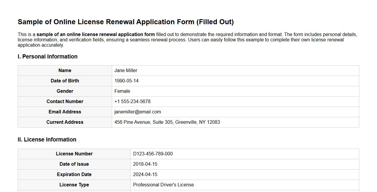 Sample of online license renewal application form filled out image preview