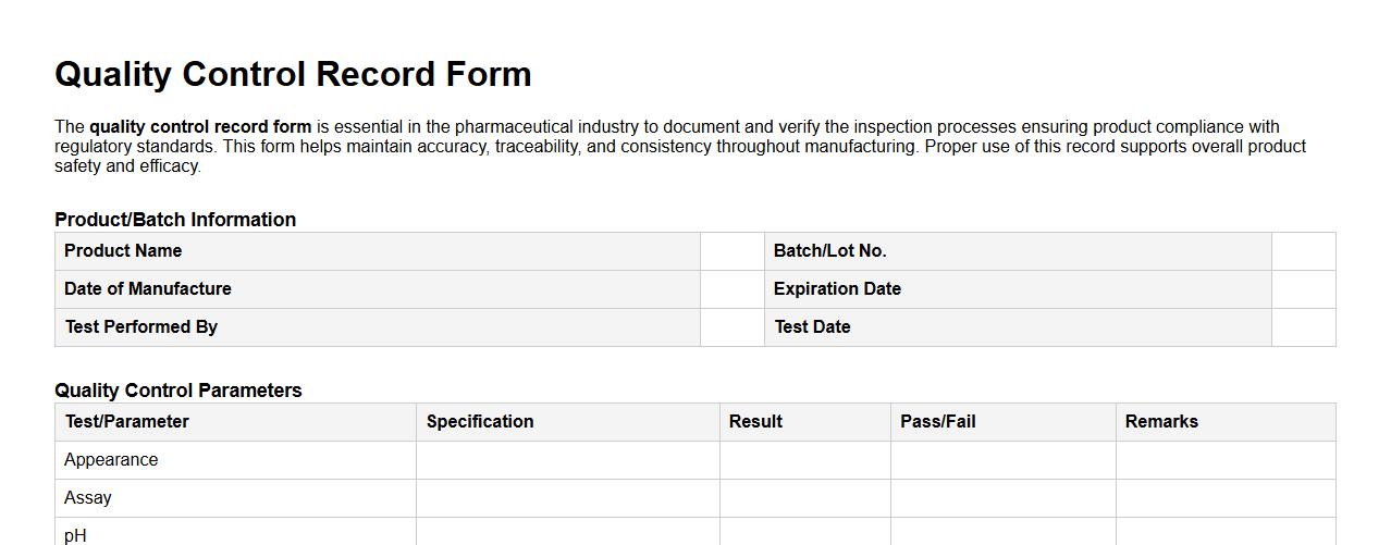 Sample of quality control record form for pharmaceutical industry image preview