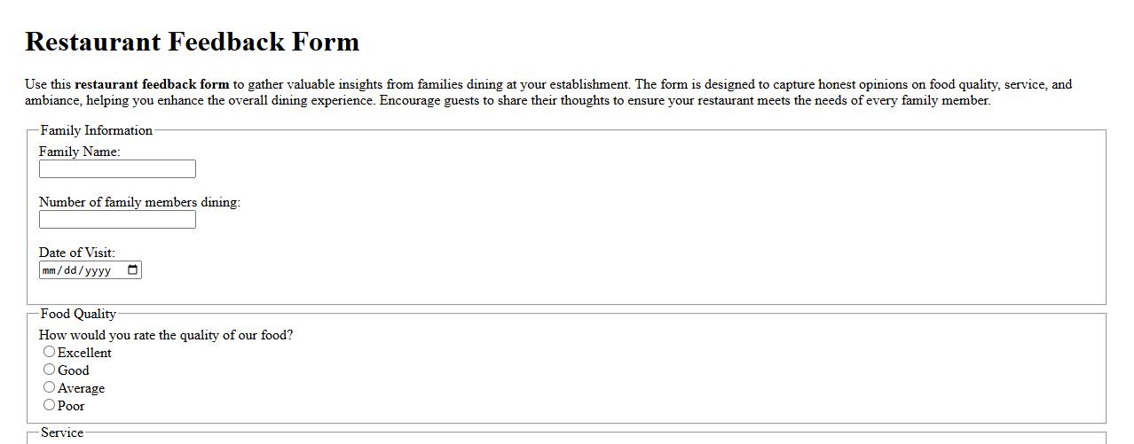 Sample restaurant feedback form for family dining image preview