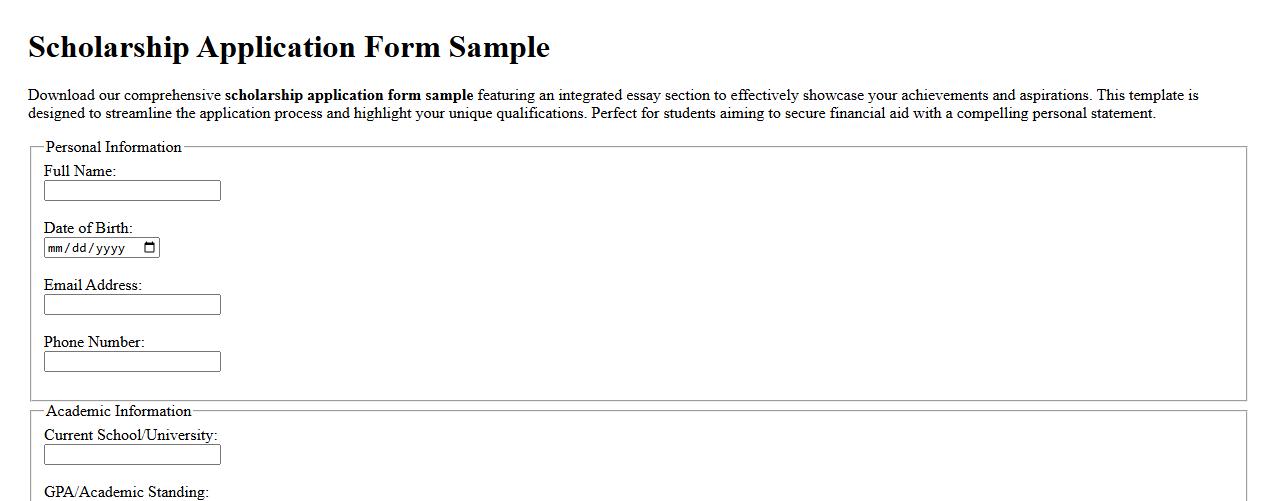 Scholarship application form sample with essay section image preview