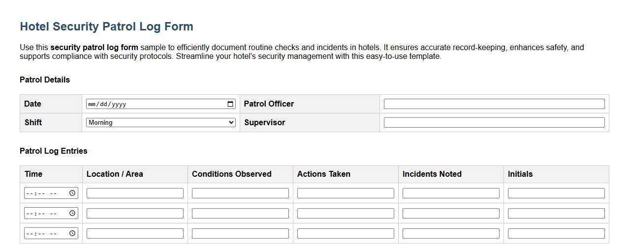 security patrol log form sample for hotels image preview