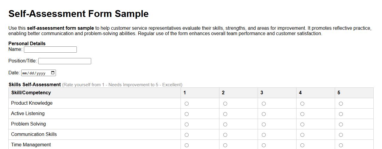 self-assessment form sample for customer service representatives image preview