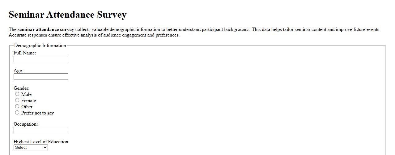 Seminar attendance survey with demographic questions image preview