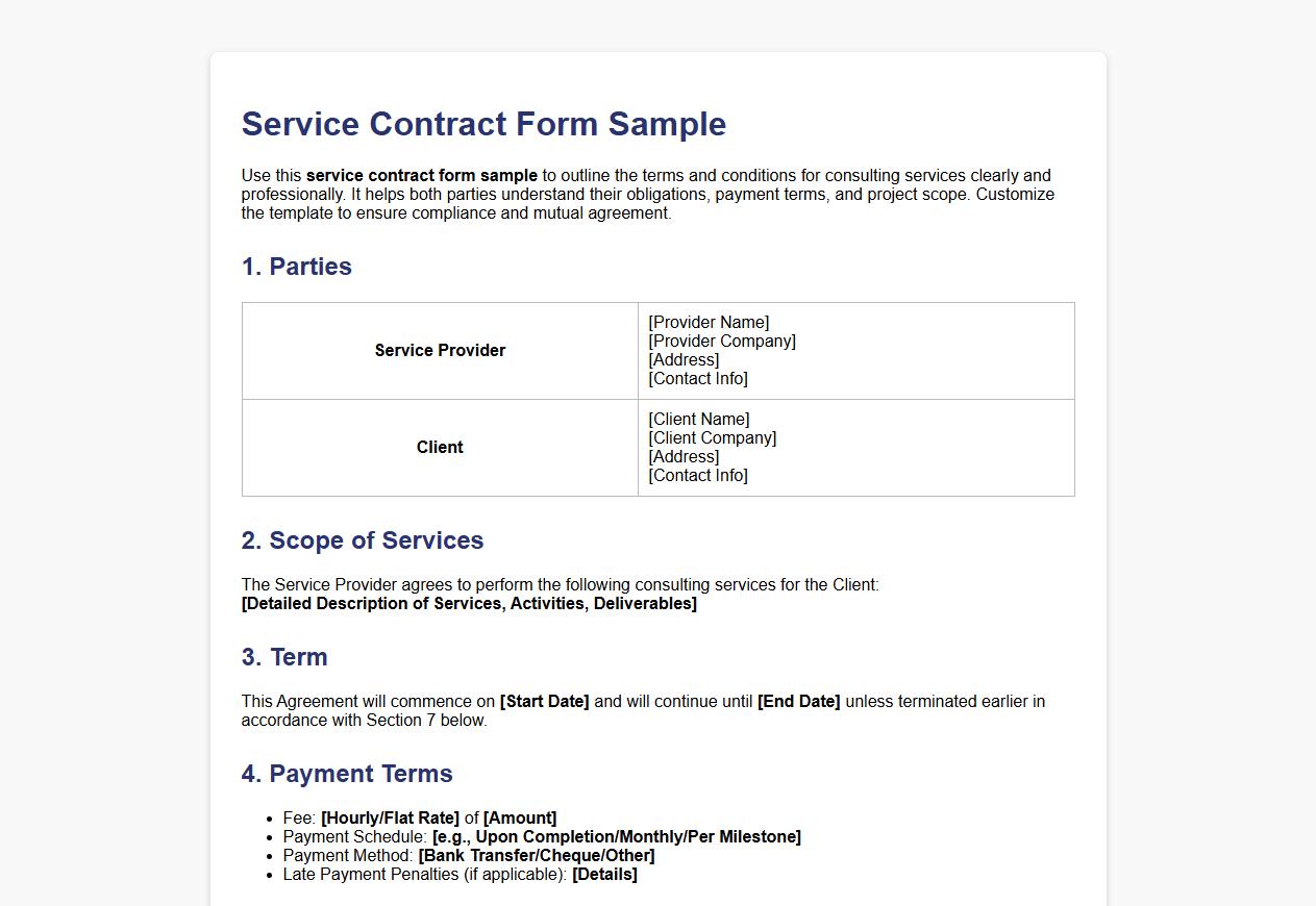 Service contract form sample for consulting services image preview