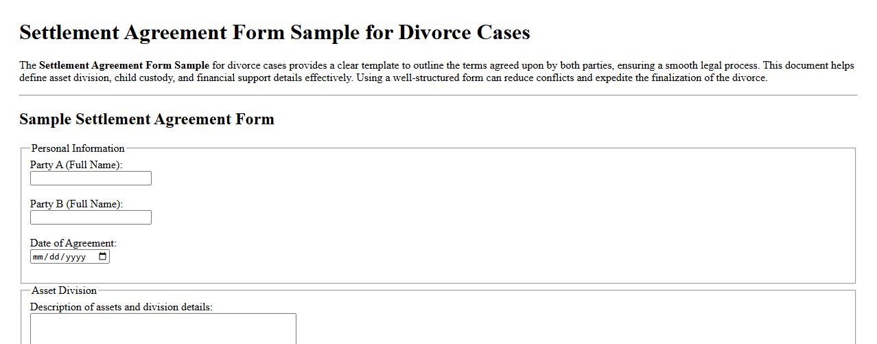 Settlement Agreement Form Sample for Divorce Cases image preview