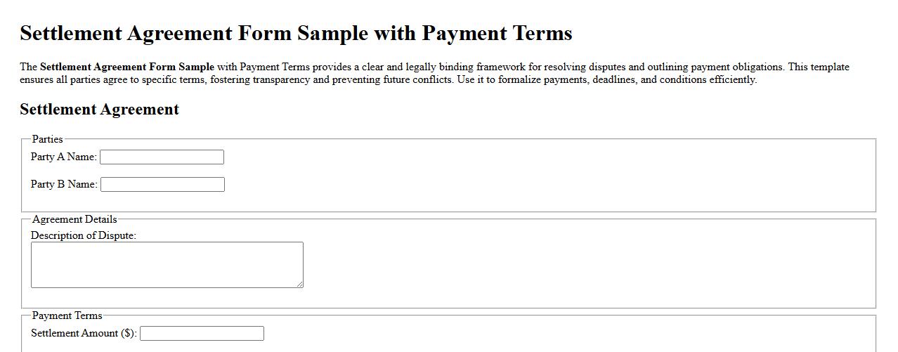 Settlement Agreement Form Sample with Payment Terms image preview