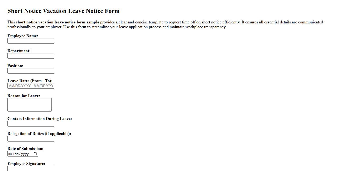 short notice vacation leave notice form sample image preview