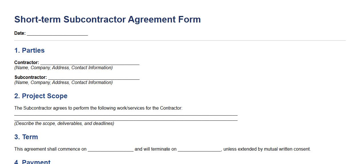 Short-term subcontractor agreement form sample template image preview