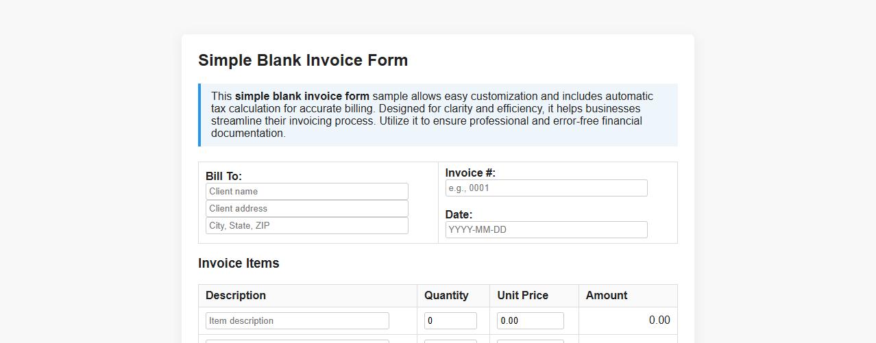 Simple blank invoice form sample with tax calculation image preview