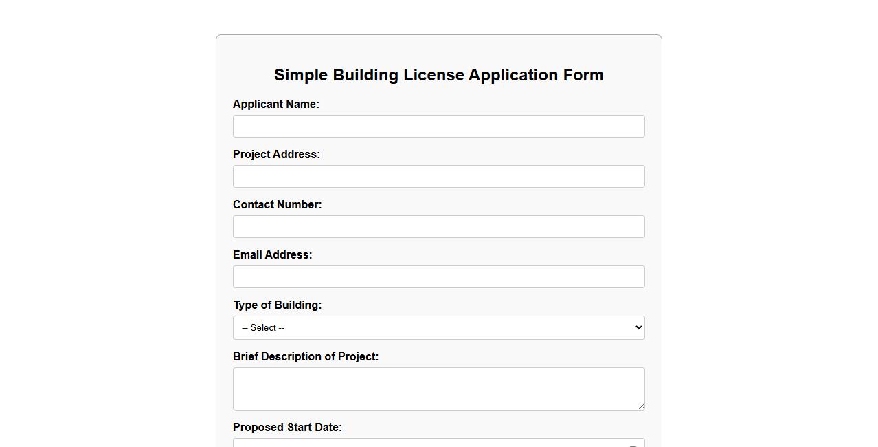 simple building license form sample template image preview