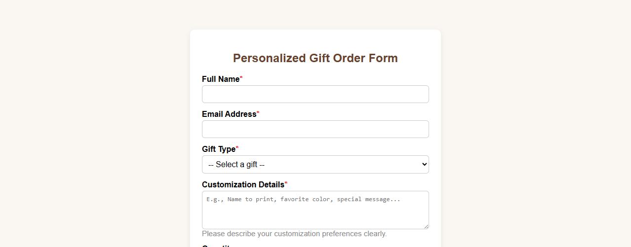 Simple custom order form sample for personalized gifts image preview