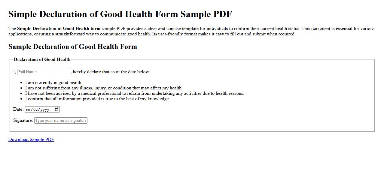 Simple Declaration of Good Health form sample PDF image preview