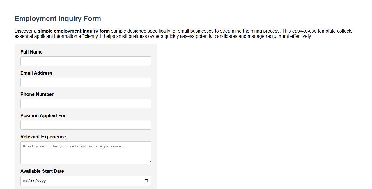 simple employment inquiry form sample for small business image preview