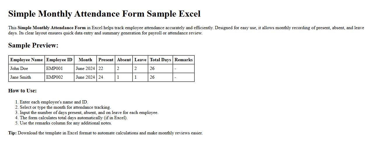 Simple Monthly Attendance Form Sample Excel image preview