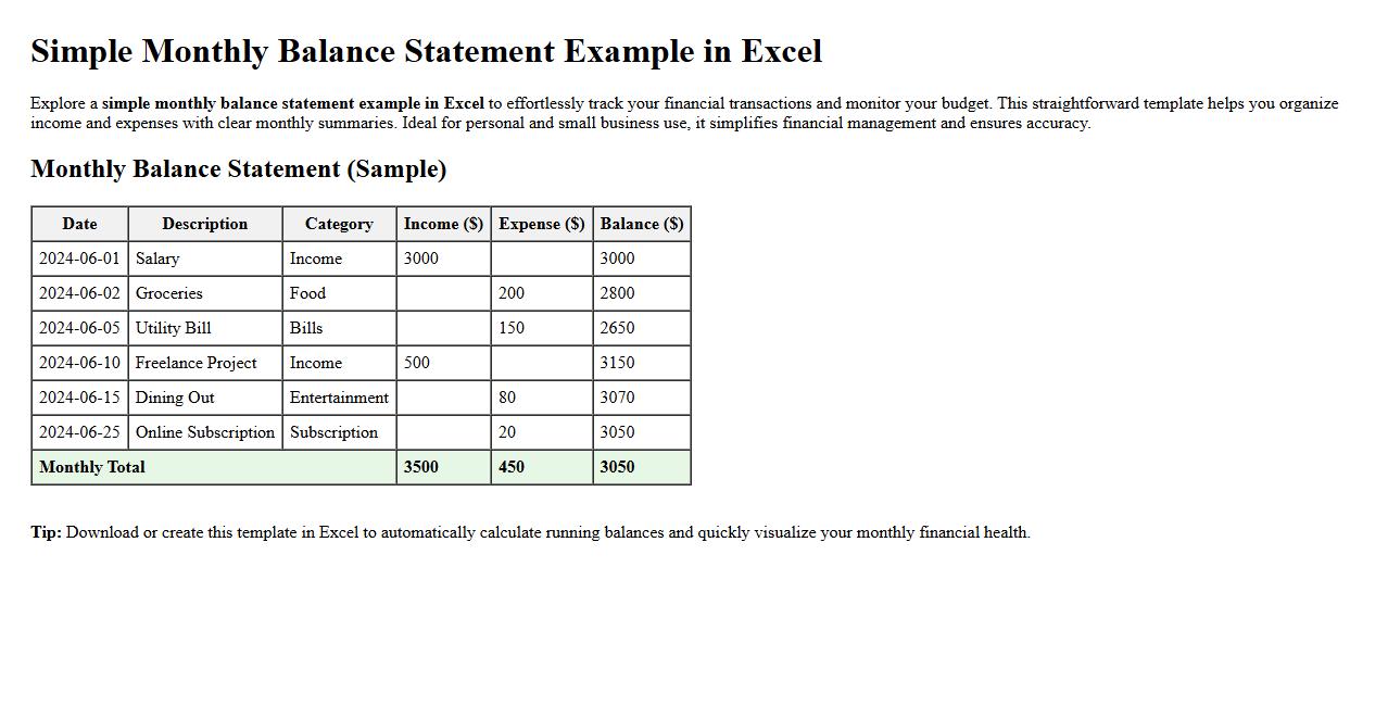 Simple monthly balance statement example excel image preview