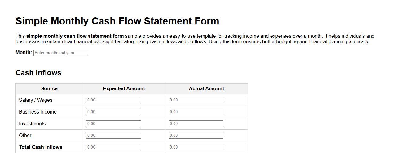 simple monthly cash flow statement form sample image preview