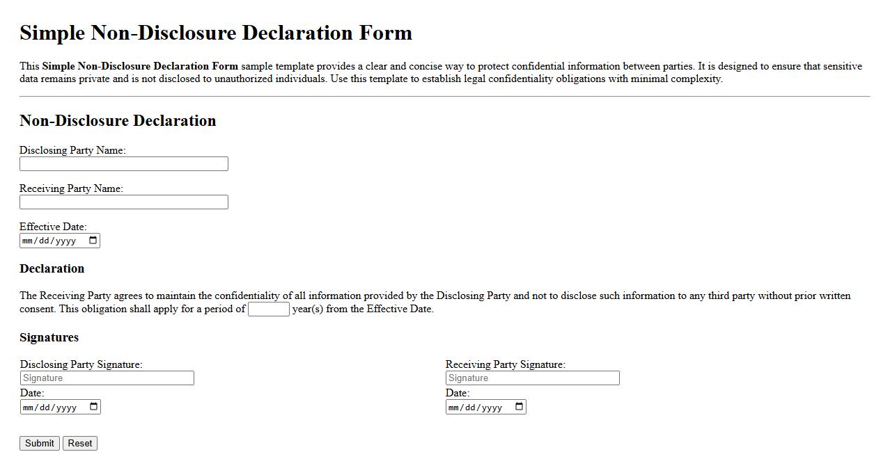 Simple Non-Disclosure Declaration Form Sample Template image preview