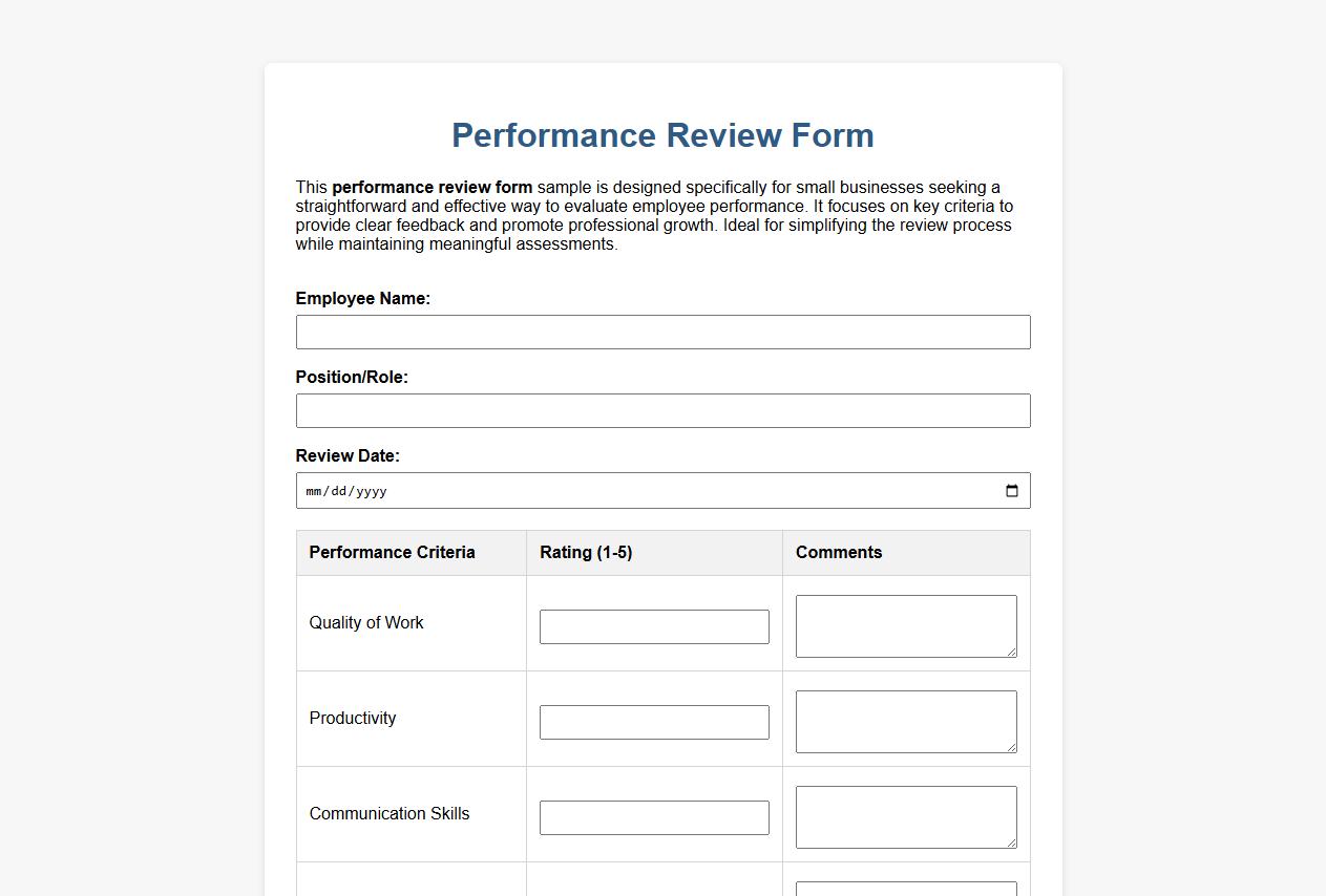 Simple performance review form sample for small business image preview