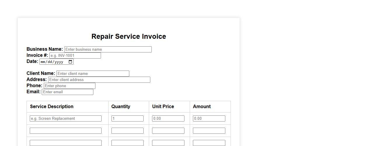 simple repair service invoice form sample for small businesses image preview