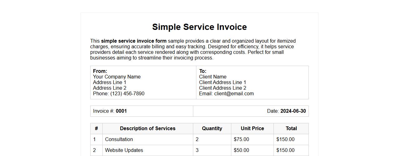 Simple service invoice form sample with itemized charges image preview