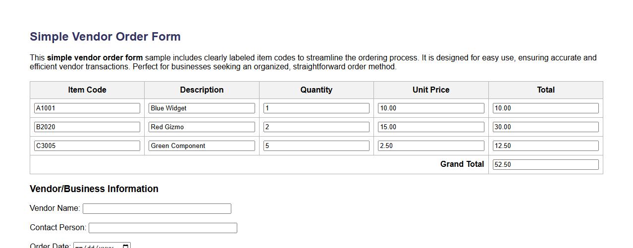 simple vendor order form sample with item codes image preview