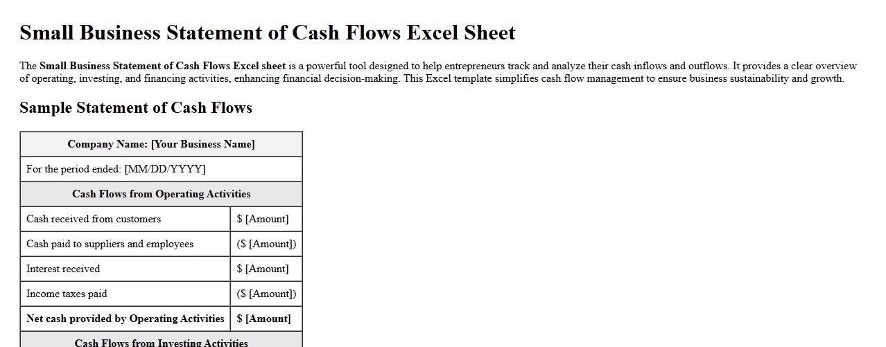 Small business Statement of Cash Flows Excel sheet image preview