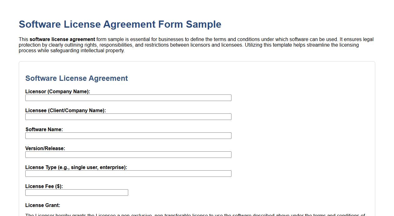 Software license agreement form sample for business image preview