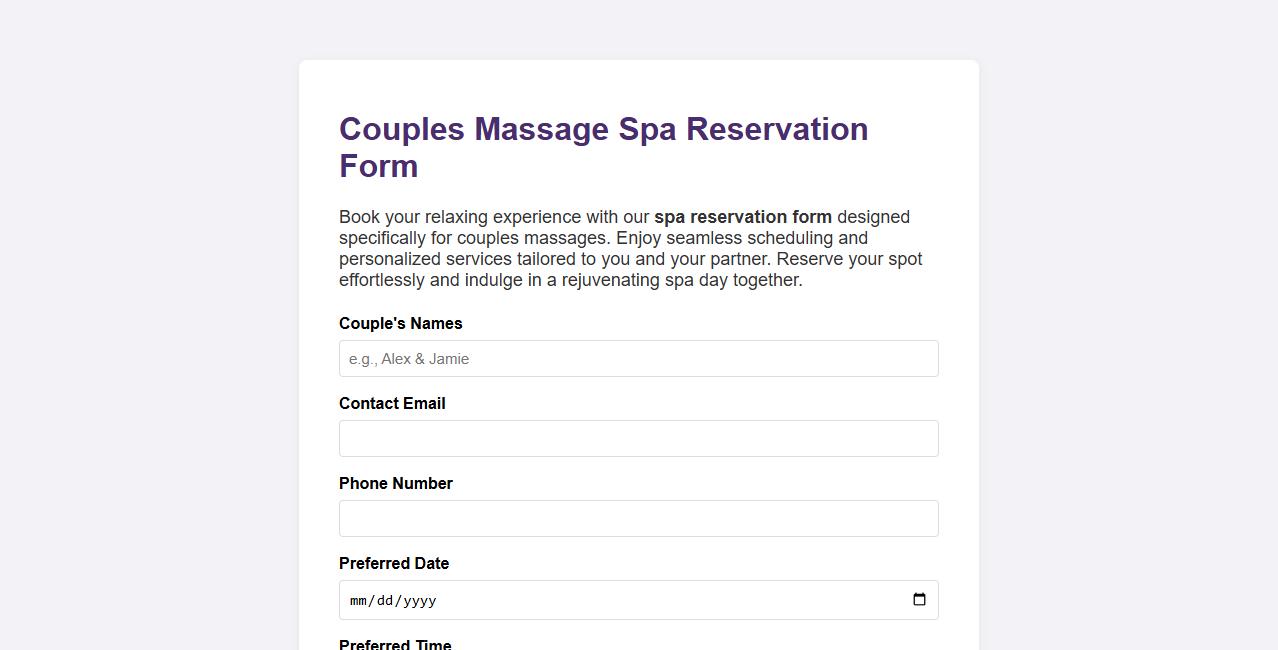 spa reservation form sample for couples massage image preview