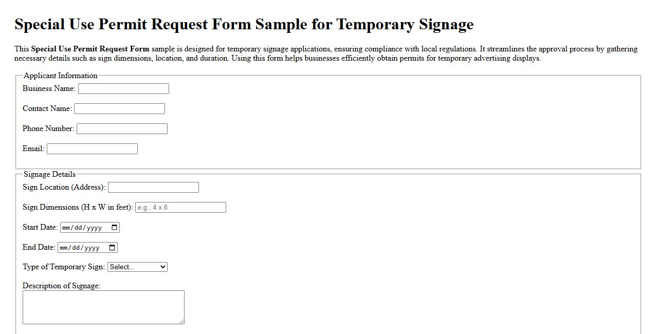 Special Use Permit Request Form Sample for Temporary Signage image preview