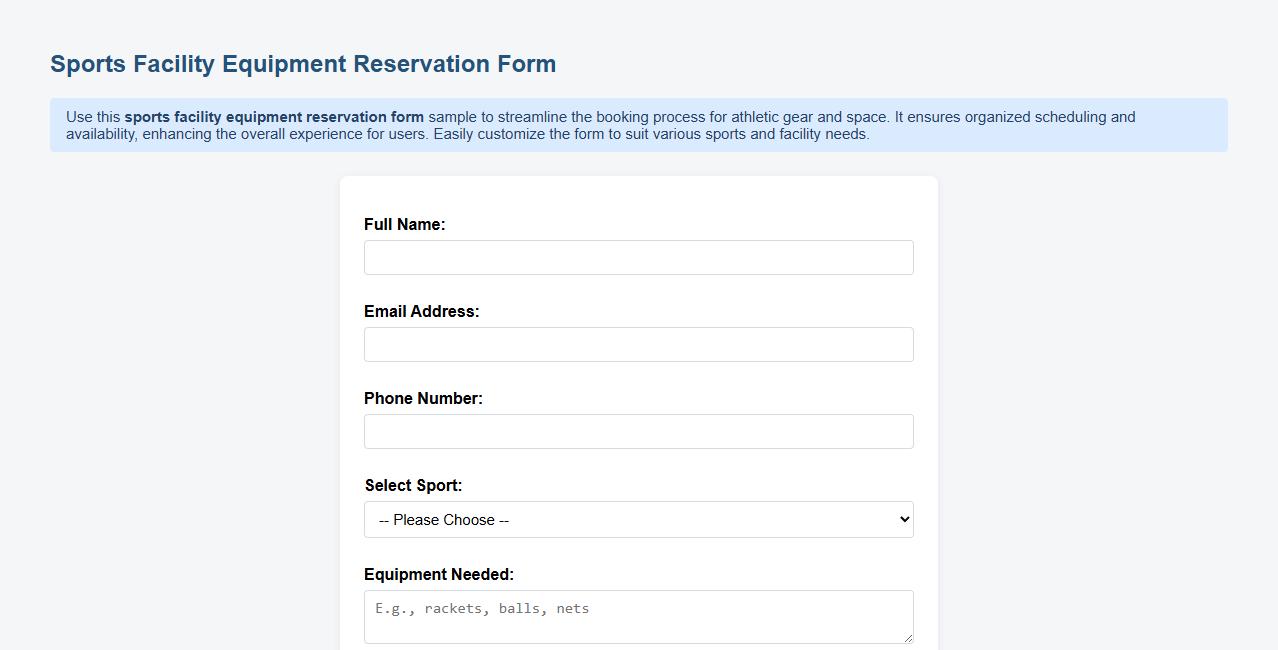 Sports facility equipment reservation form sample image preview