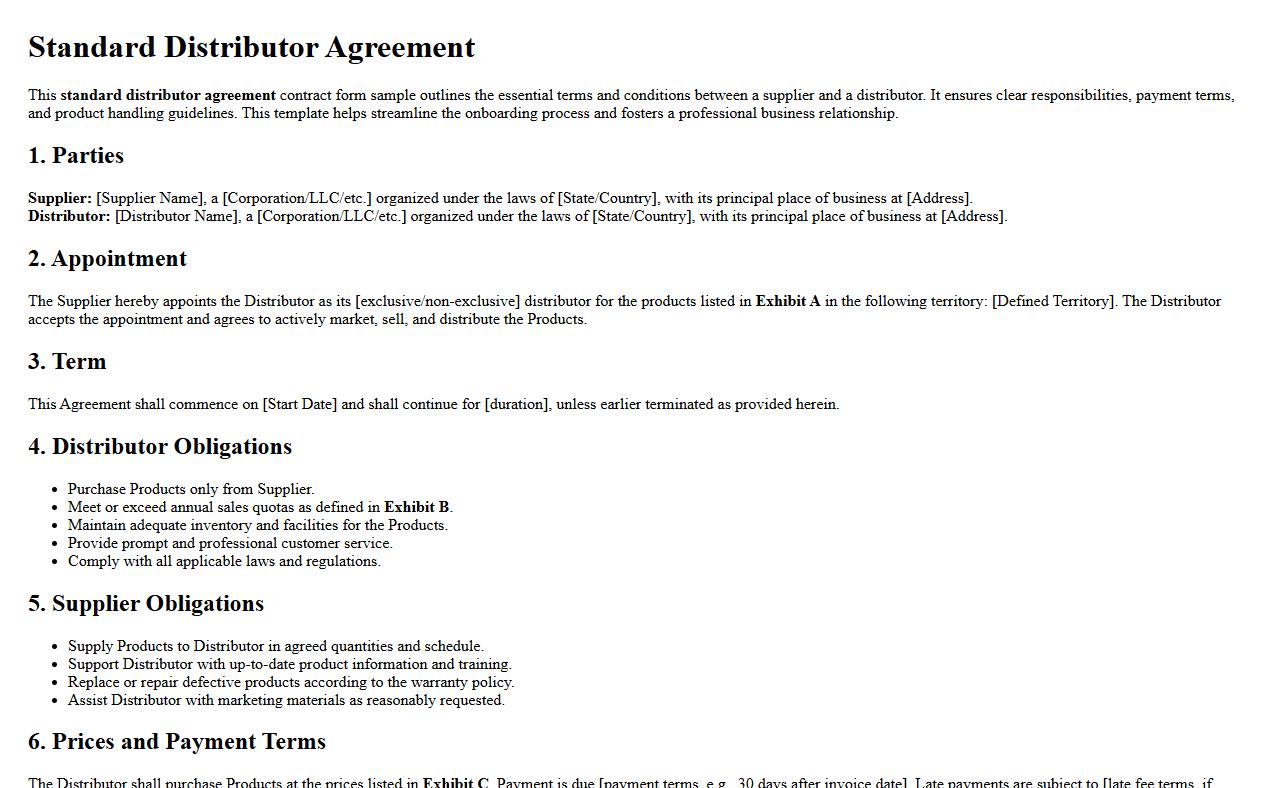 standard distributor agreement contract form sample image preview