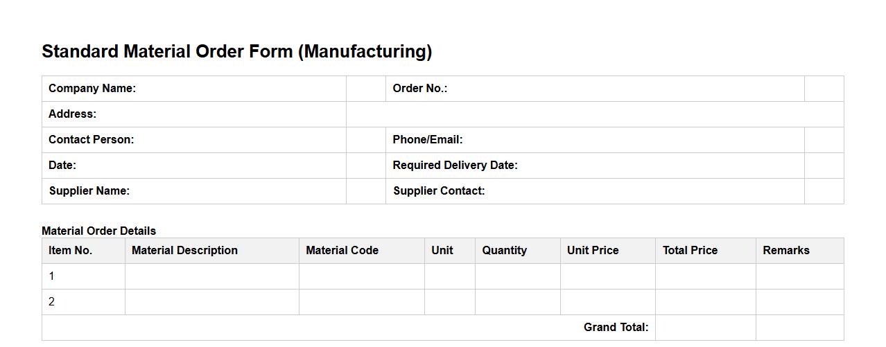 standard material order form sample for manufacturing image preview