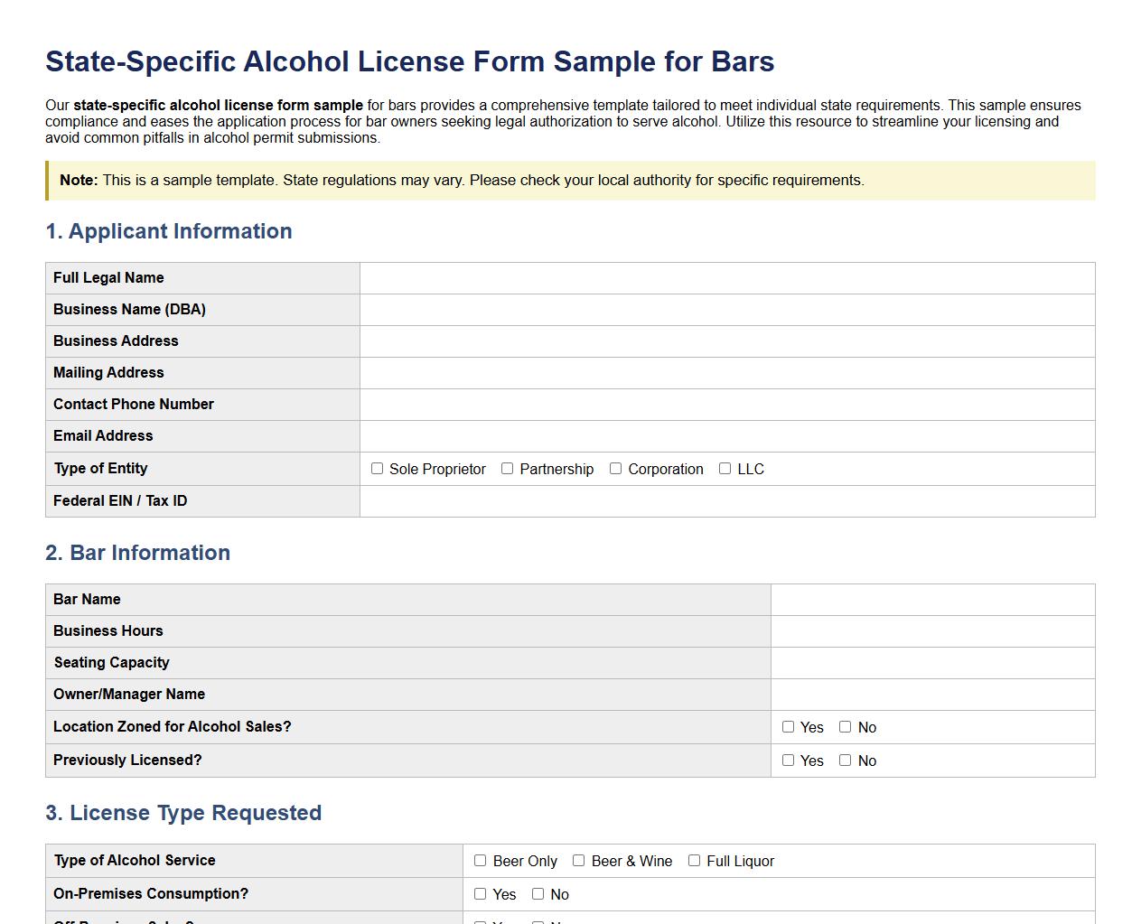 state-specific alcohol license form sample for bars image preview
